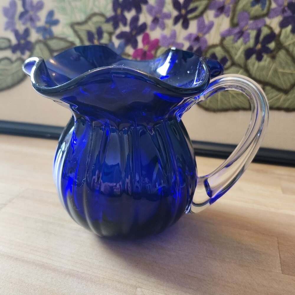 Blown Glass Ruffle Top Pitcher Vase Gorgeous Deep Cobalt Blue